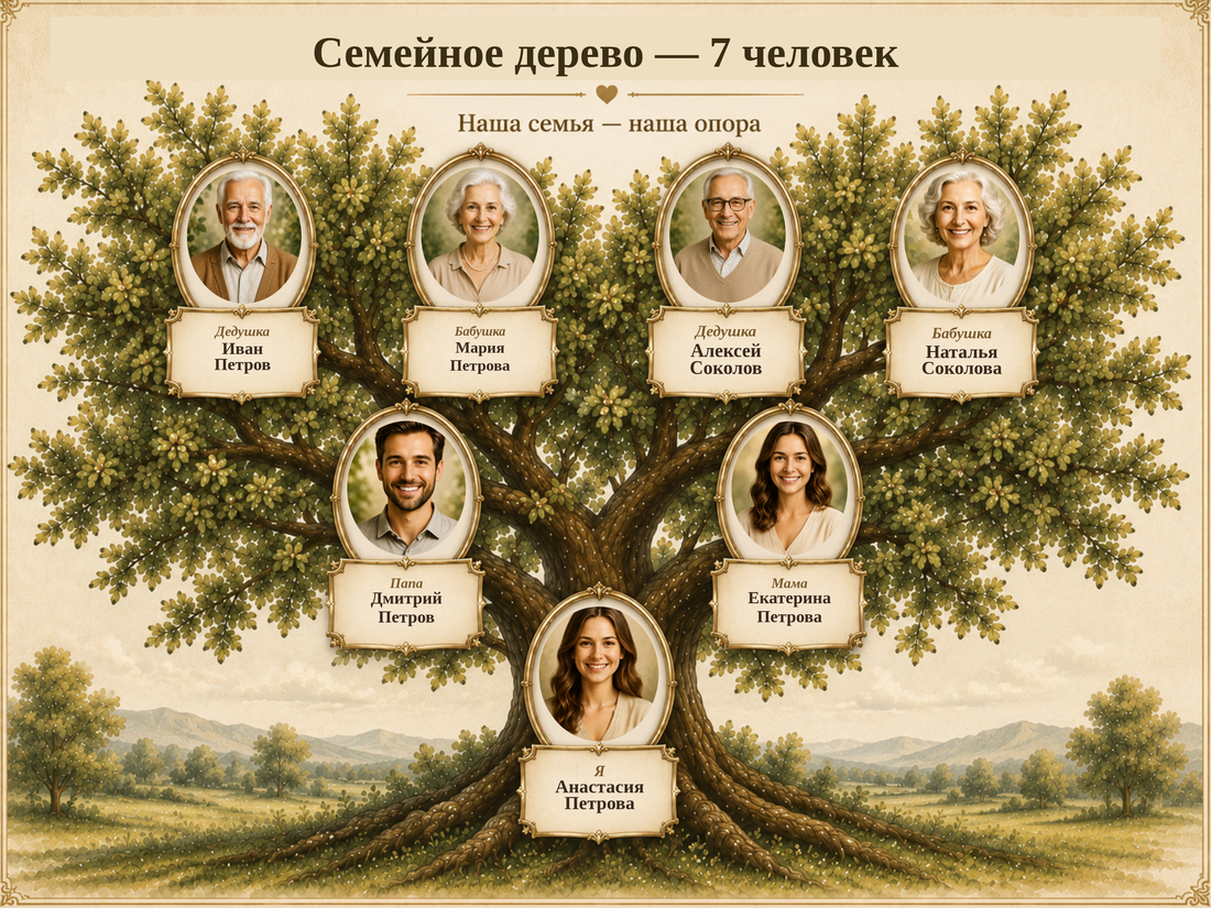 Пример «Семейное дерево — компактное»: реальный результат конструктора с тестовыми данными