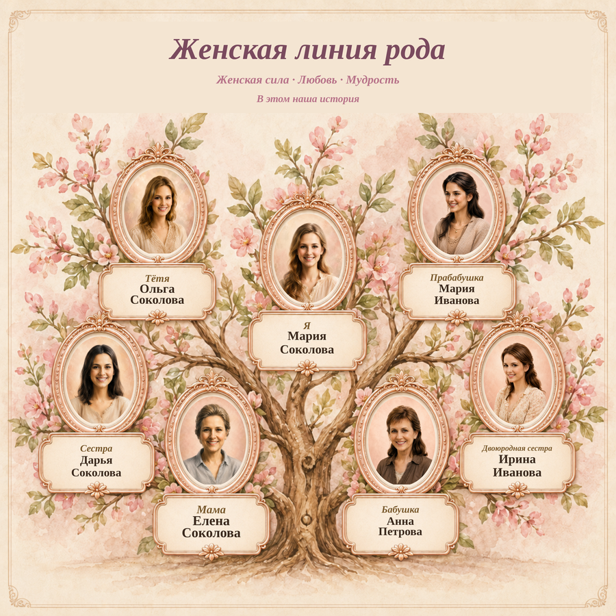 Пример «Женская линия рода»: реальный результат конструктора с тестовыми данными